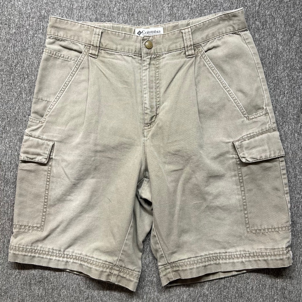 Columbia Mens Tan Khaki Cotton Canvas Cargo Shorts Pleated Hiking Outdoor 30